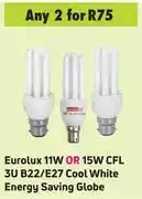 Game Eurolux 11w or 15w cfl 3u b22/e27 cool white energy saving globe- for any 2 offer