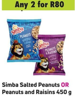 Simba Salted Peanuts or Peanuts and Raisins 450g offer at Game