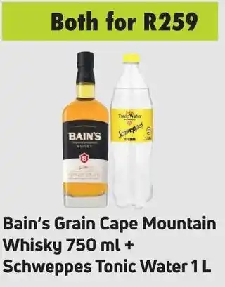 Game Bain's Grain Cape Mountain Whisky 750ml + Schweppes Tonic Water 1L offer