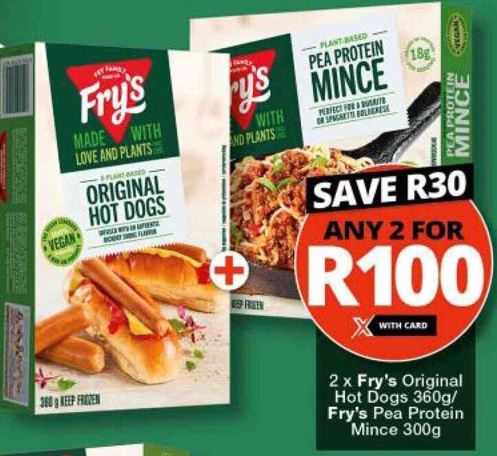 Fry's Original Hot Dogs 2x360g/ Fry's Pea Protein Mince 300g offer at
