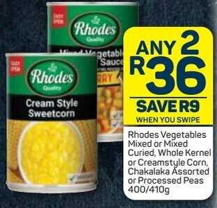 Pick n Pay Rhodes Vegetables Mixed or Mixed Curied, Whole Kernel or Creamstyle COrn, Chakalaka Assorted or Processed Peas 400/410g offer