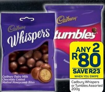 Pick n Pay Cadbury Whispers or Tumbles Assorted 200g offer