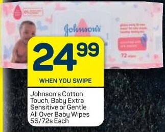 Pick n Pay Johnson's Cotton Touch, Baby Extra Sensitive or Gentle All Over Baby Wipes 56/72s offer