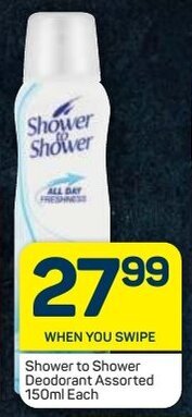 Pick n Pay Shower to Shower Deodorant Assorted 150ml offer