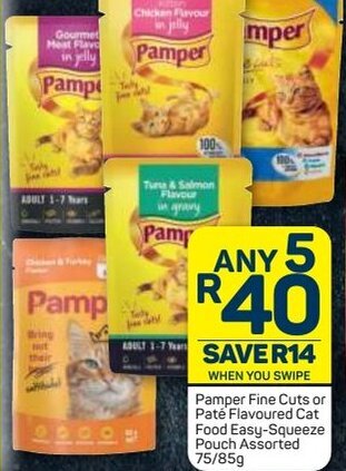 Pick n Pay Pamper Fine Cuts or Paté Flavoured Cat Food Easy - Squeeze Pouch Assorted 75/85g offer
