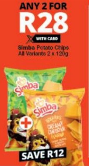 Checkers Simba Potato Chips all variants 2 x 120g offer