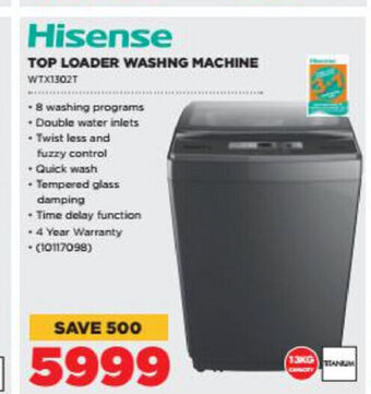HiFi Corp Hisense - Top Loader Washing Machine - WTX1302T offer