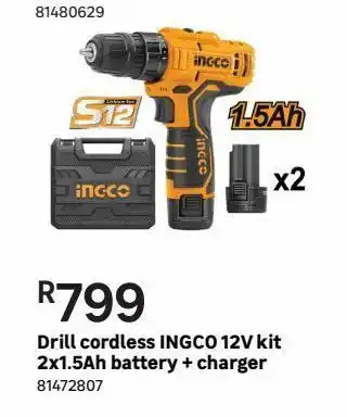 Drill cordless ingco 12v kit 2x1.5ah battery + charger