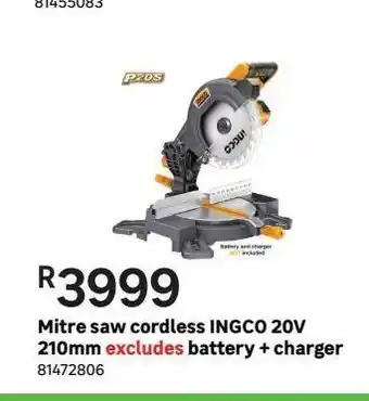 Mitre saw cordless ingco 20v 210mm excludes battery + charger