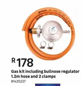 Gas kit including bullnose regulator 1.2m hose and 2 clamps