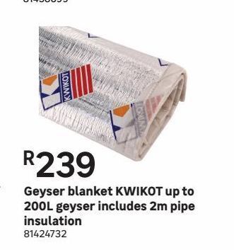 Geyser blanket kwikot up to 200l geyser includes 2m pipe insulation ...