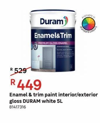 Enamel & trim paint interior/exterior gloss duram white 5l offer at ...