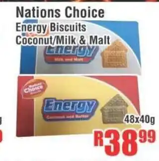 Devland Cash And Carry Nations Choice Energy Biscuits Coconut/Milk & Matt 48x40g offer