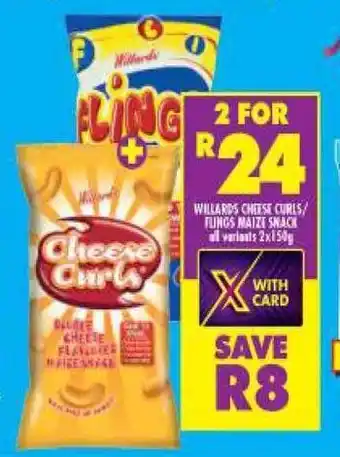 Shoprite Willards Cheese Curls / Flings Maize Snack All Variants 2x150g offer
