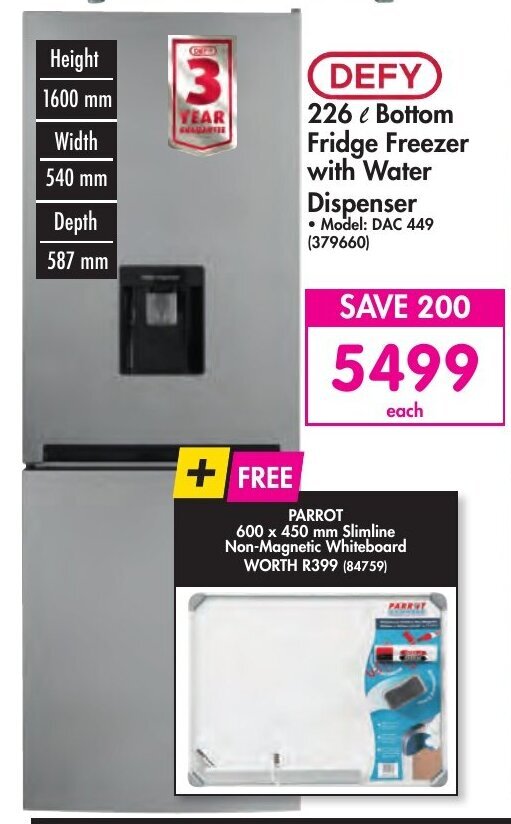 Defy 226L Bottom Fridge Freezer with Water Dispenser offer at Makro