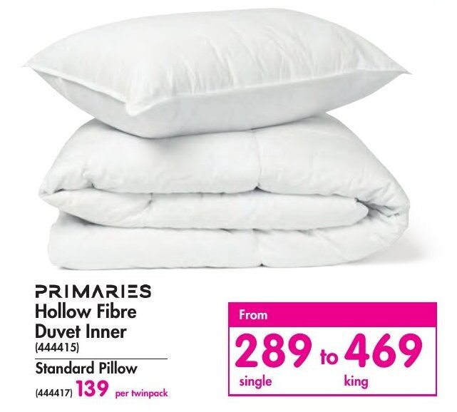 Primaries Hollow Fibre Duvet Inner Single offer at Makro