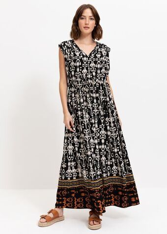 Woolworths Tiered print pleat shoulder drawstring maxi dress offer