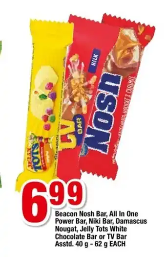 OK Grocer Beacon Nosh Bar, All in One Power Bar, Niki Bar, Damascus Nougat, Jelly Tots White Choc Bar or TV Bar Asstd. 40g-62g each offer