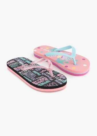 Woolworths Slogan print flip flops 2 pack (size 12-6) older girl offer
