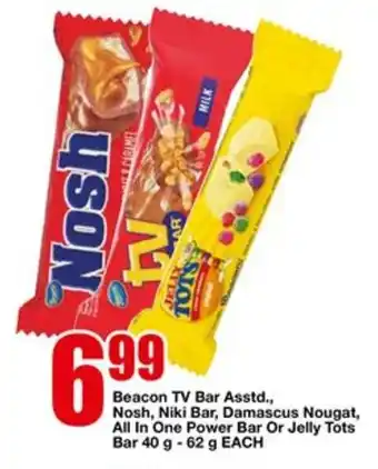 OK Foods Beacon TV Bar Asstd., Nosh, Niki Bar, Damascus Nougat, All in One Power Bar Or Jelly Tots Bar 40g-62g offer