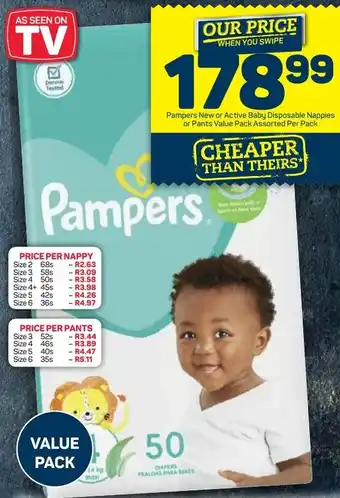 Pick n Pay Pampers New or Active Baby-Dry Disposable Nappies Value Pack Assorted Per Pack and Fresh Baby Wipes 64's offer