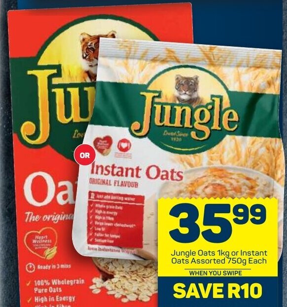 Jungle Oats 1kg or Instant Oats Assorted 750g offer at Pick n Pay