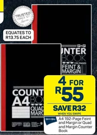 A4 192-Page Feint and Margin or Quad and Margin Counter Book