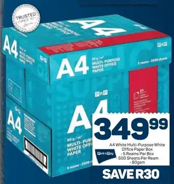 Pick n Pay A4 White Multi-Purpose White Office Paper Box 5 Reams Per Box 80gsm offer