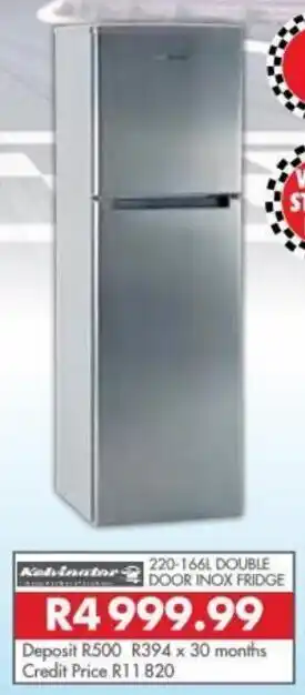 Beares Kelvinator 220-166L Double Door Inox Fridge offer