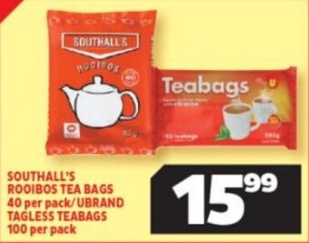 Usave Southall's Rooibos Teabags 40 per Pack/ Ubrand Tagless Teabags 100 per Pack offer