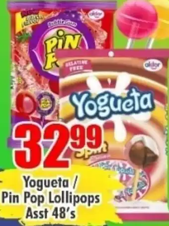 Three Star Cash and Carry Yogueta/Pin Pop Lollipops Asst 48's offer