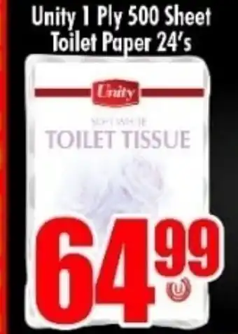 Three Star Cash and Carry Unity 1 Ply 500 Sheet Toilet Paper 24's offer