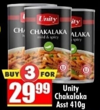 Three Star Cash and Carry Unity Chakalaka Asst 410g offer