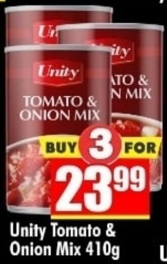 Three Star Cash and Carry Unity Tomato & Onion Mix 410g offer