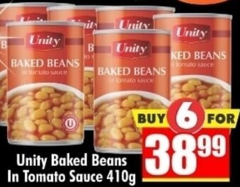 Three Star Cash and Carry Unity Baked Beans In Tomato Sauce 410g offer