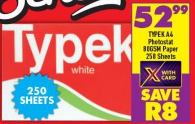 Typek A4 Photostat 80GSM Paper 250 Sheets offer at Shoprite