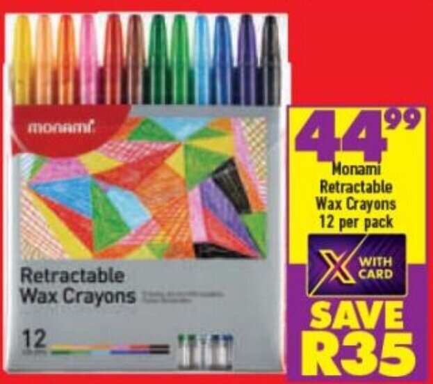 Monami Retractable Wax Crayons 12 per Pack offer at Shoprite