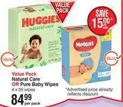 Dis-Chem Huggies value pack natural care or pure baby wipes 4 x 56 wipes-per pack offer