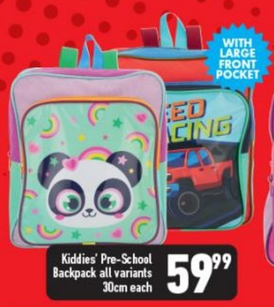 Kiddies PreSchool Backpack all variants 30cm offer at Shoprite