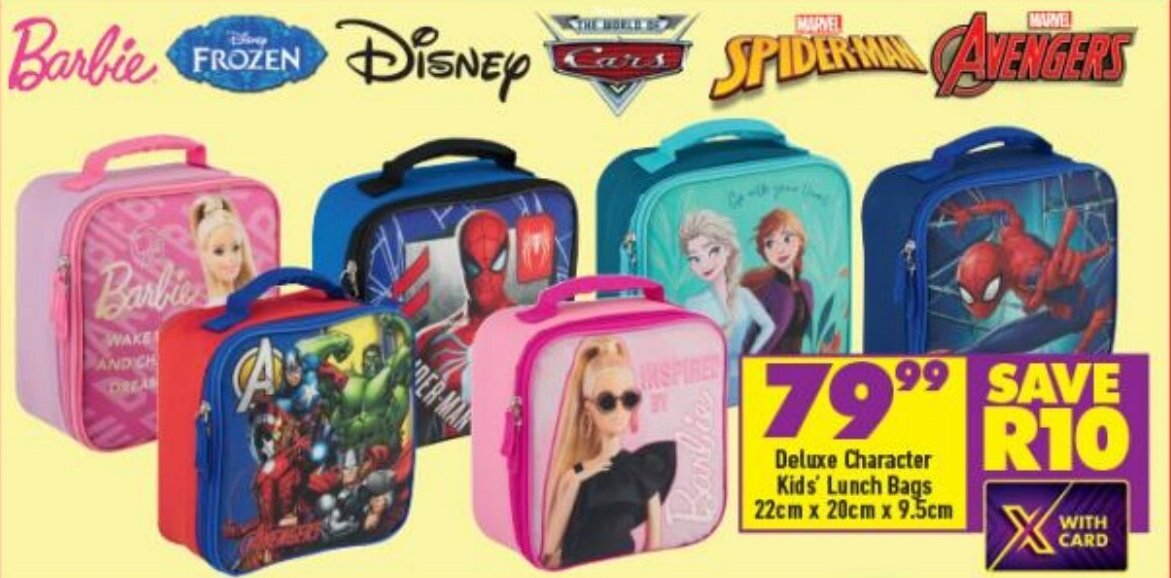 Deluxe Character Kids Lunch Bags 22cm x 20cm x 9.5cm offer at Shoprite