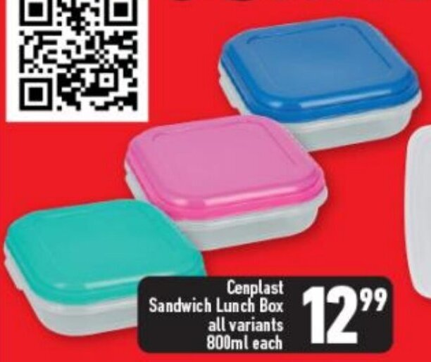 Cenplast Sandwich Lunch Box all variants 800ml offer at Shoprite