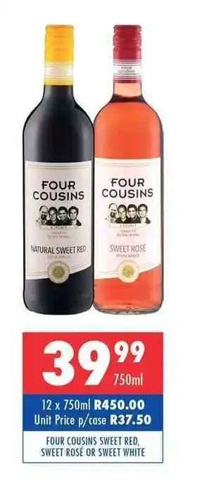 Ultra Liquors Four Cousins Sweet Red / Rosé / White 750ml offer