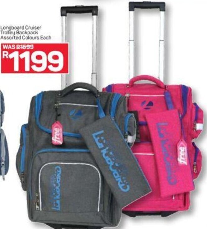 Longboard Cruiser Trolley Backpack Assorted Colours offer at Pick n Pay