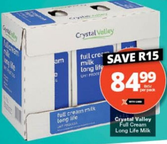 Crystal Valley Full Cream Long Life Milk 6x1L offer at Checkers