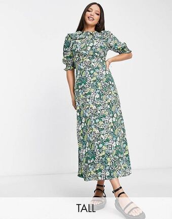 New look tall collared puff sleeve midi dress in blue floral