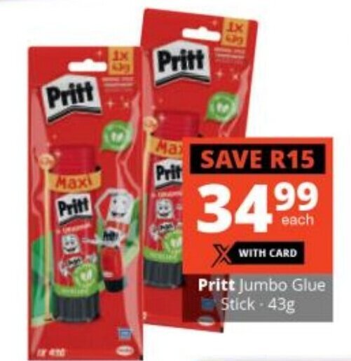 Pritt Jumbo Glue Stick 43g offer at Checkers