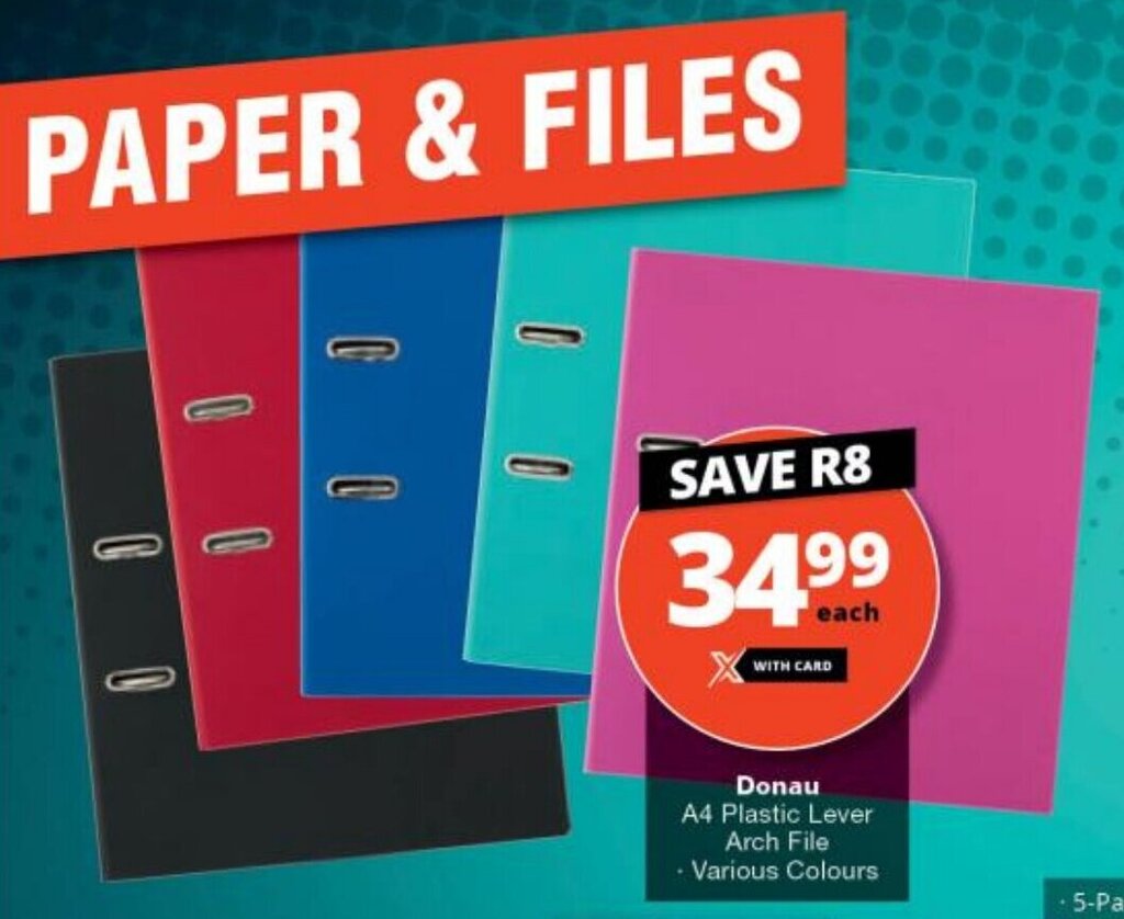 Donau Plastic Lever Arch file A4 various colours offer at Checkers