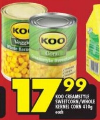 Shoprite Koo Creamstyle Sweetcorn/Whole Kernel Corn 410g offer