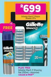 Gillette Mach 3 Razor Blades 20's + Free Gillette Mach 3 Shaving Gel 200ml (Assorted)-Per Pack