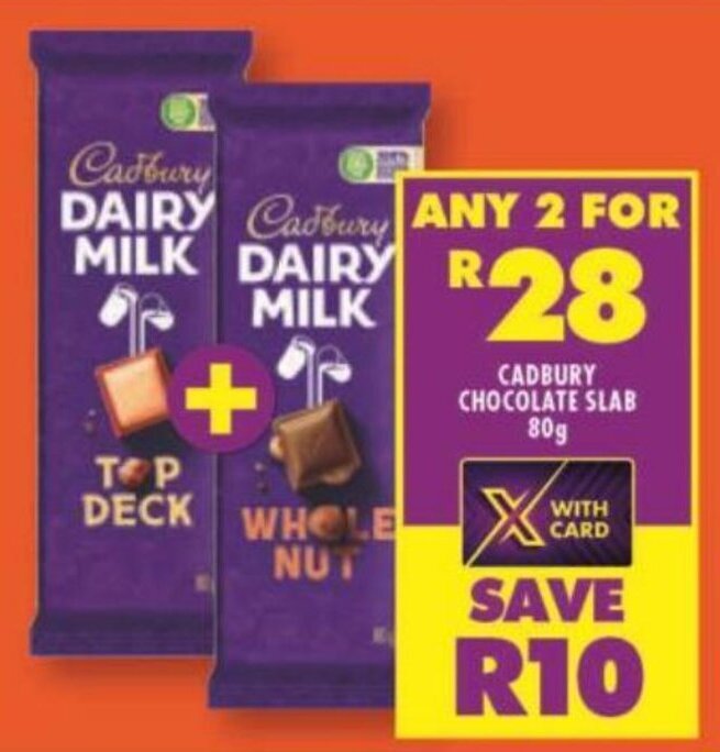 Cadbury Chocolate Slabs 2 x 80g offer at Shoprite